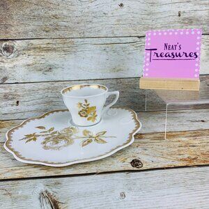 MCM Vintage REVOL Hand Painted White Gold Rose Trim France Plate W Matching Cup